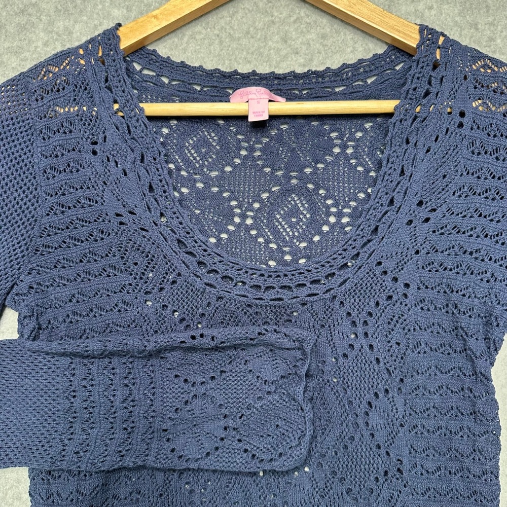 Lilly Pulitzer Navy Blue Crochet Pointelle Knit Pom Pom‎ Hem Sweater Top 52976 S